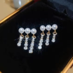 18K Gold Plated Luxury S925 Row Pearl Cubic Zircon Pendant Chain Drop Earrings