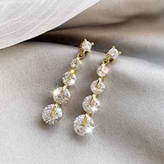 Silver Needle French Crystal Zircon Long Earrings